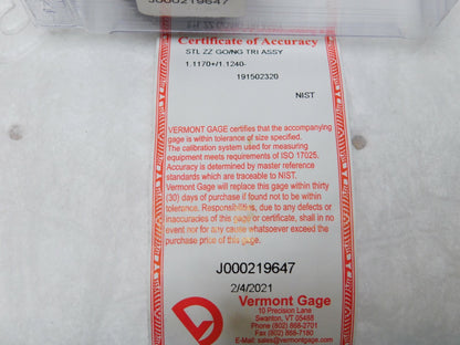Vermont Gage STL ZZ GO/NO-GO Trilock Assy 1.1170+/1.1240- 191502320