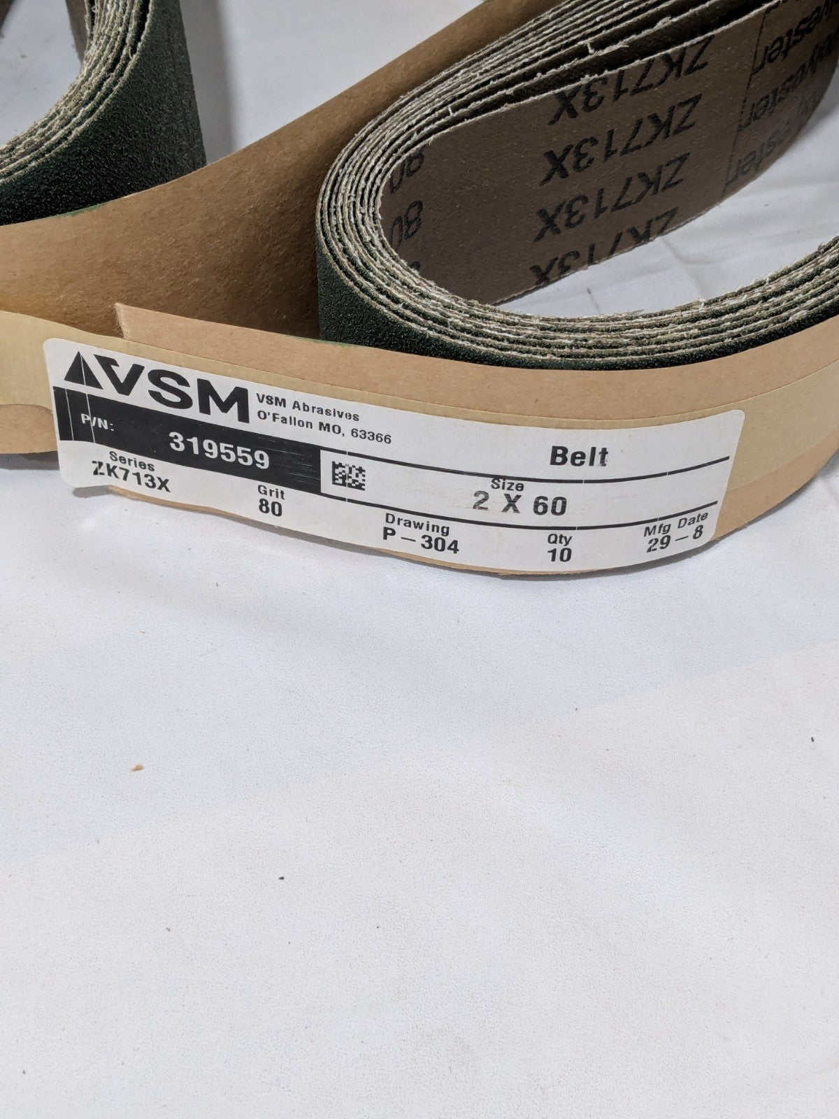 VSM Abrasive Belt: 2" Wide, 60" OAL, 80 Grit, Zirconia Alumina 10 Pack 319559