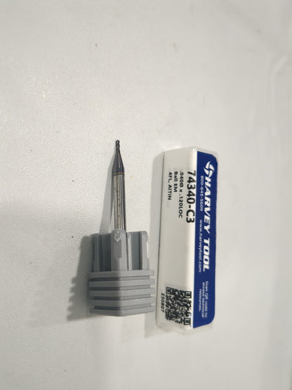 HARVEY TOOL Ball End Mill: 0.0400" Dia 4 Fl Solid Carbide 74340-C3