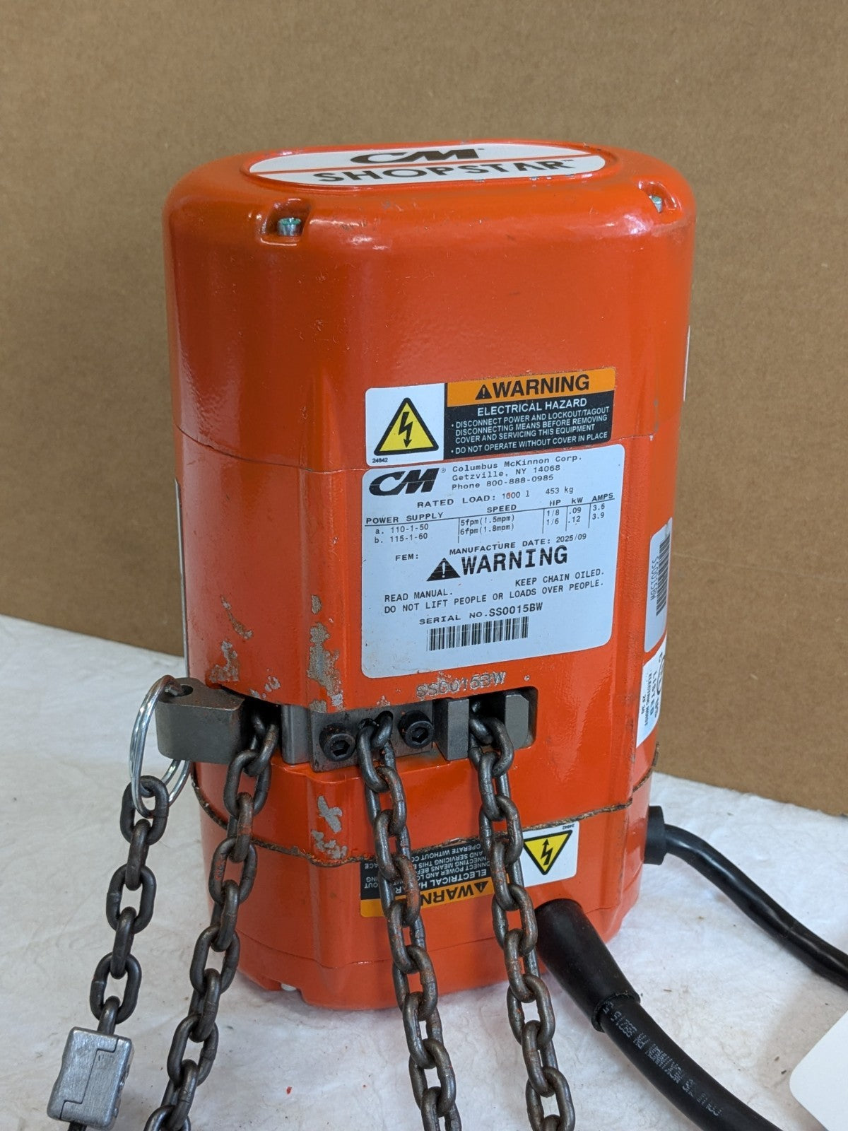 CM Shopstar Electric Chain Hoist 1/2 Ton Capacity 10 Ft Max. Lift 115v 2110