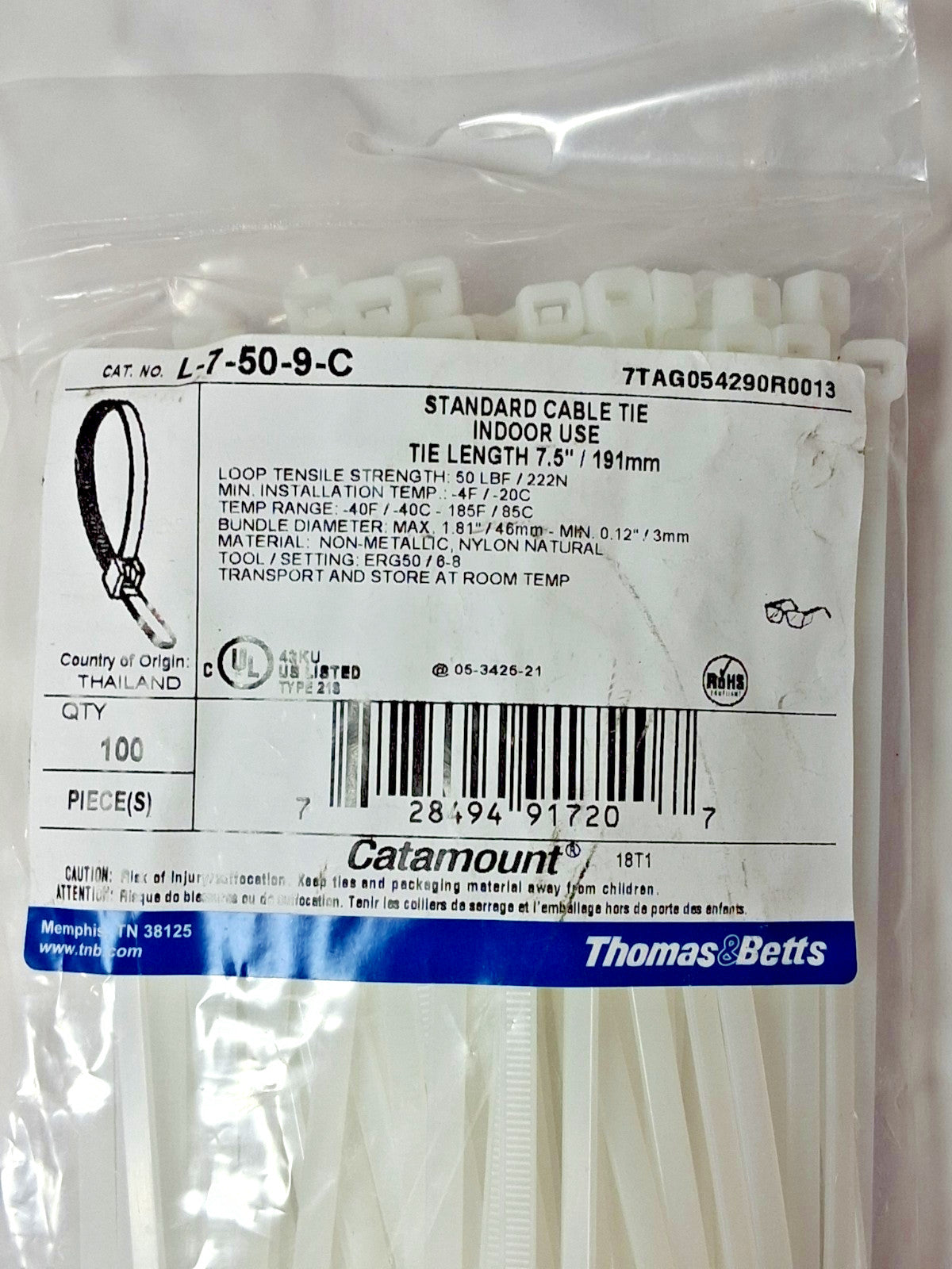 Thomas&Betts Natural Nylon Cable Tie 7.5" 50 LB  QTY 1000 L-7-50-9-C