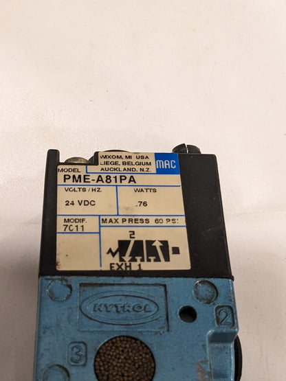 Mac Solenoid Valve 24 VDC Coil Hytrol EzLogic Mod 7011. PME-A81PA