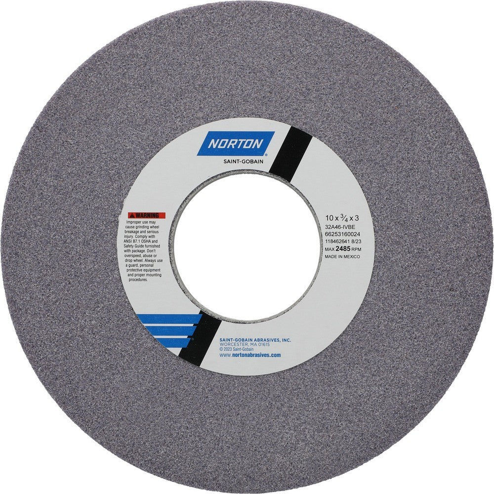 Norton Surface Grinding Wheel: 10" Dia, 3/4" Thick, 3" Arbor 46 Grit 66253160024