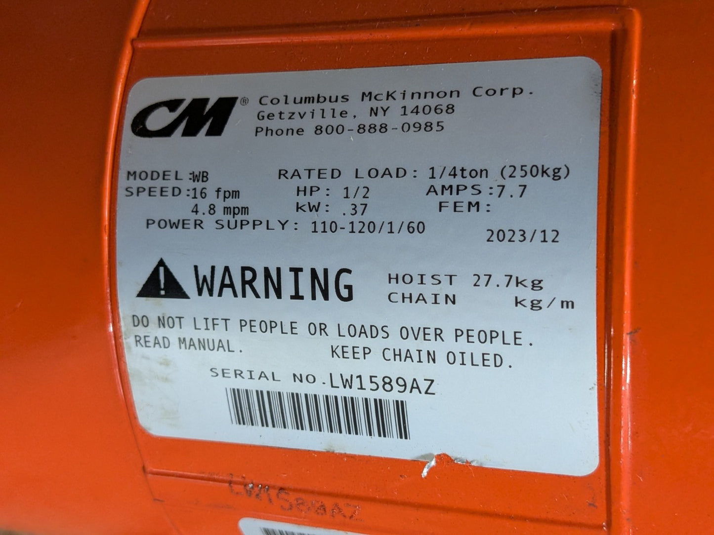 CM Valustar 10 Ft. Electric Chain Hoist 1/4 Ton Capacity 2401-10 Parts / Repair