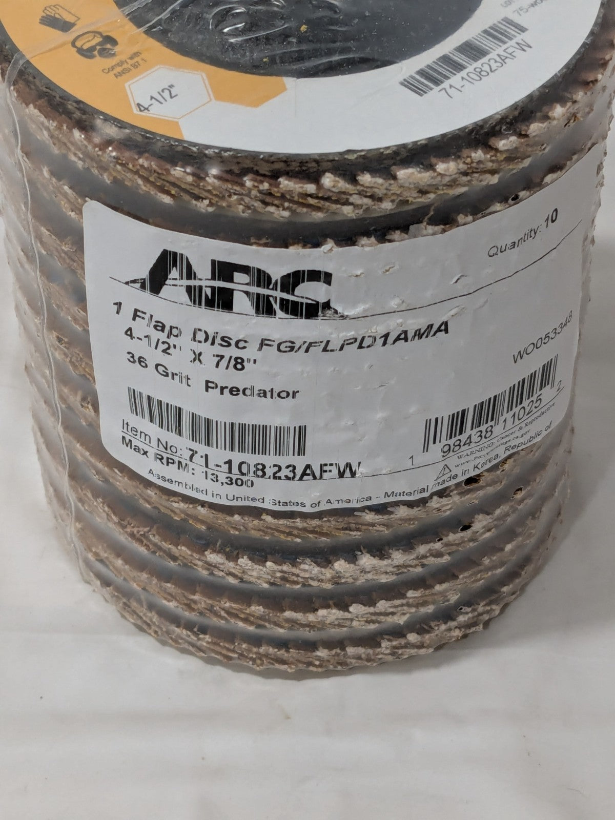 ARC Flap Disc: 4-1/2" Dia, 7/8" Hole, 36G, Type 29 Pack of 10 71-10823