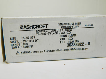 ASHCROFT Pressure Gauge: 2-1/2" Dial, 0 to 600 psi, 1/4" Thread, NPT 94481