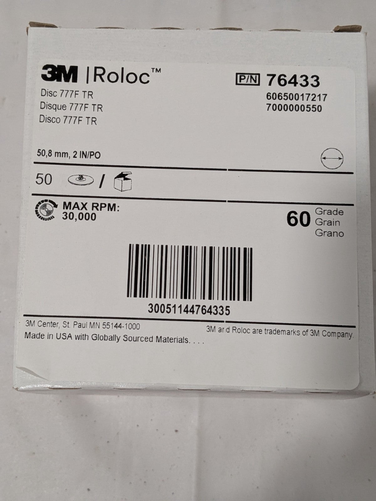 3M Quick-Change Disc: Roloc TR, 2" Dia, 60 Grit Box of 50 7000000550