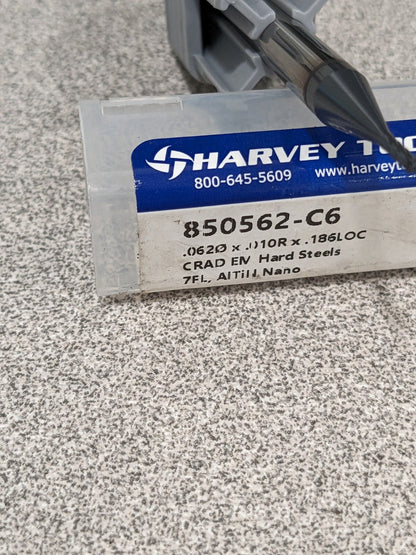 HARVEY TOOL Corner Radius End Mill: 0.0620 Dia, 0.093 LOC 850562-C6