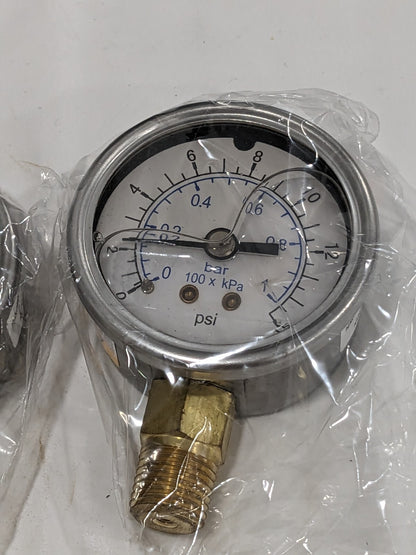 WS Pressure Gauge 2" Dial 15 psi, 1/4" Thread, NPT, Lower Mount Qty 2 115AL20015