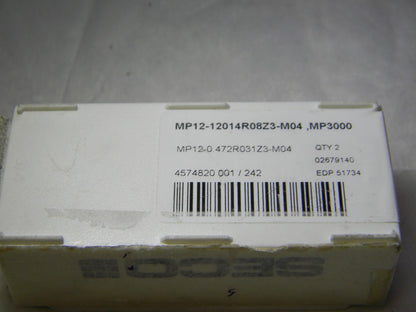 Seco Carbide Milling Tip Inserts MP12-12014R08Z3-M04 Grade MP3000 Qty 2 51734