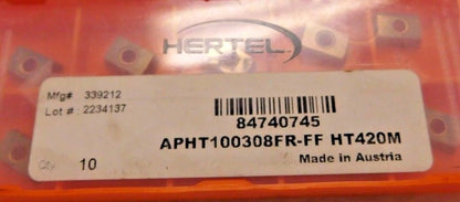 Hertel Carbide Milling Inserts APHT100308 FF Grade HT420M Qty 10 84740745