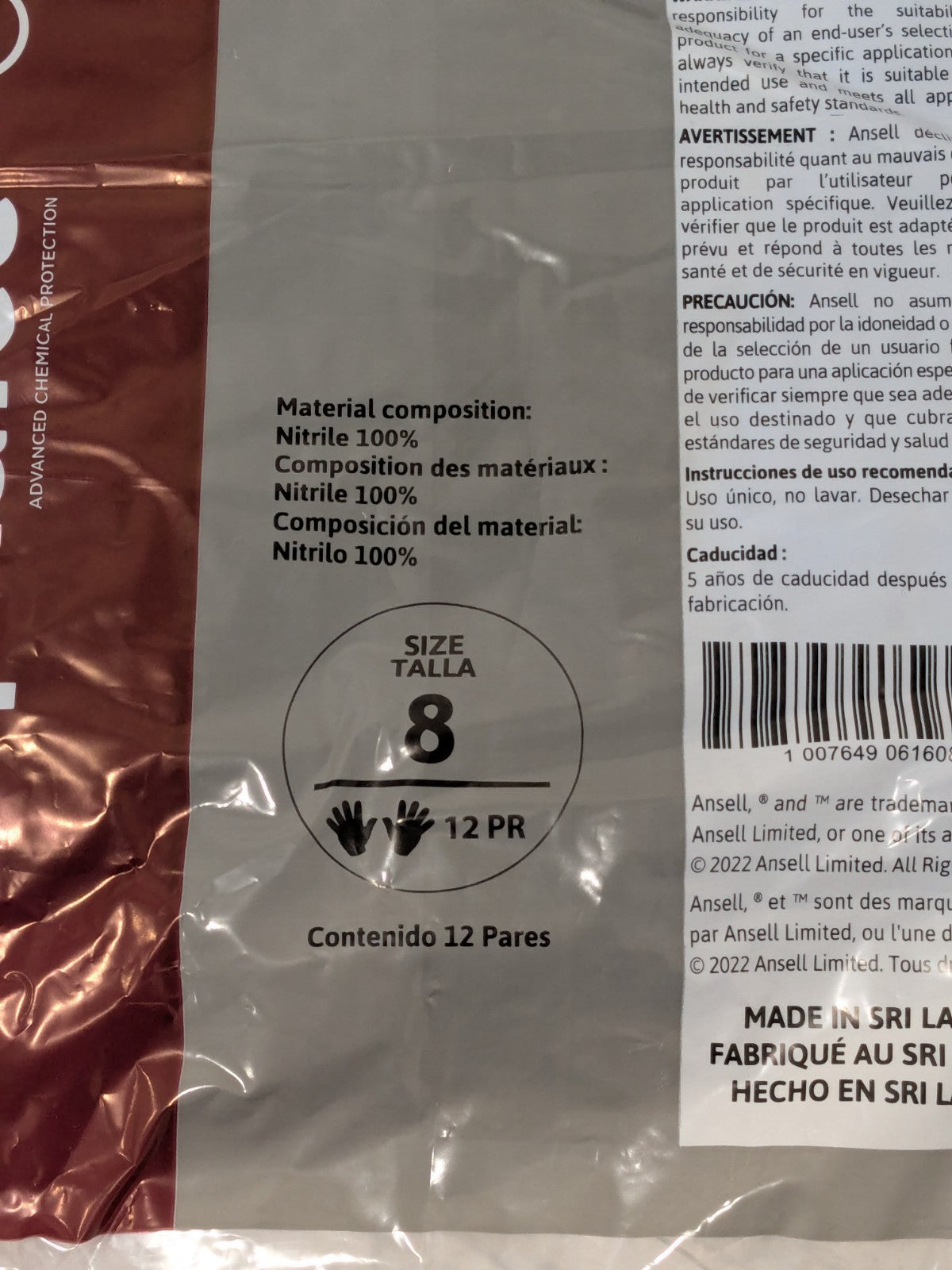 (12)Ansell Chemical Resistant Gloves, Nitrile, Full, Gauntlet, Blue, Sz 8 58-010