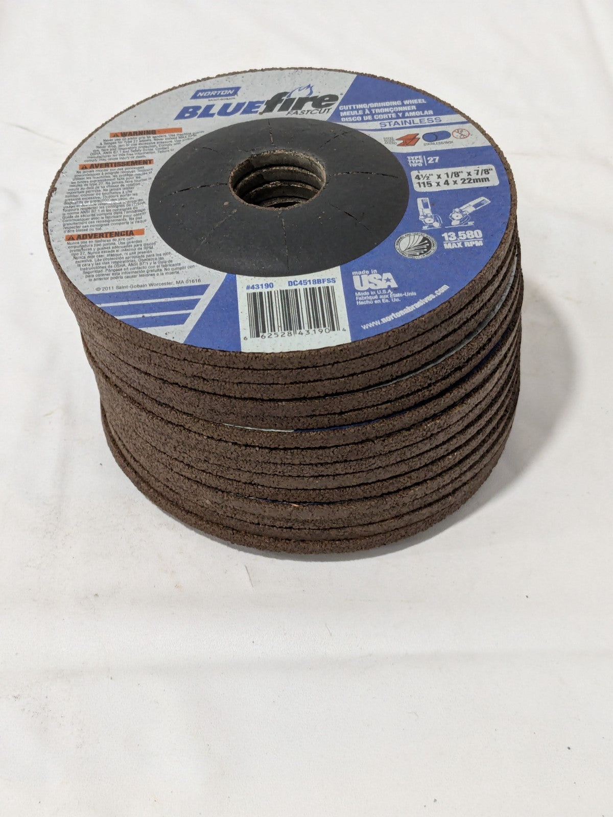 (14) Norton Depressed-Center Wheel 4-1/2" Dia, 1/8" Thick, 7/8" Hole 66252843190