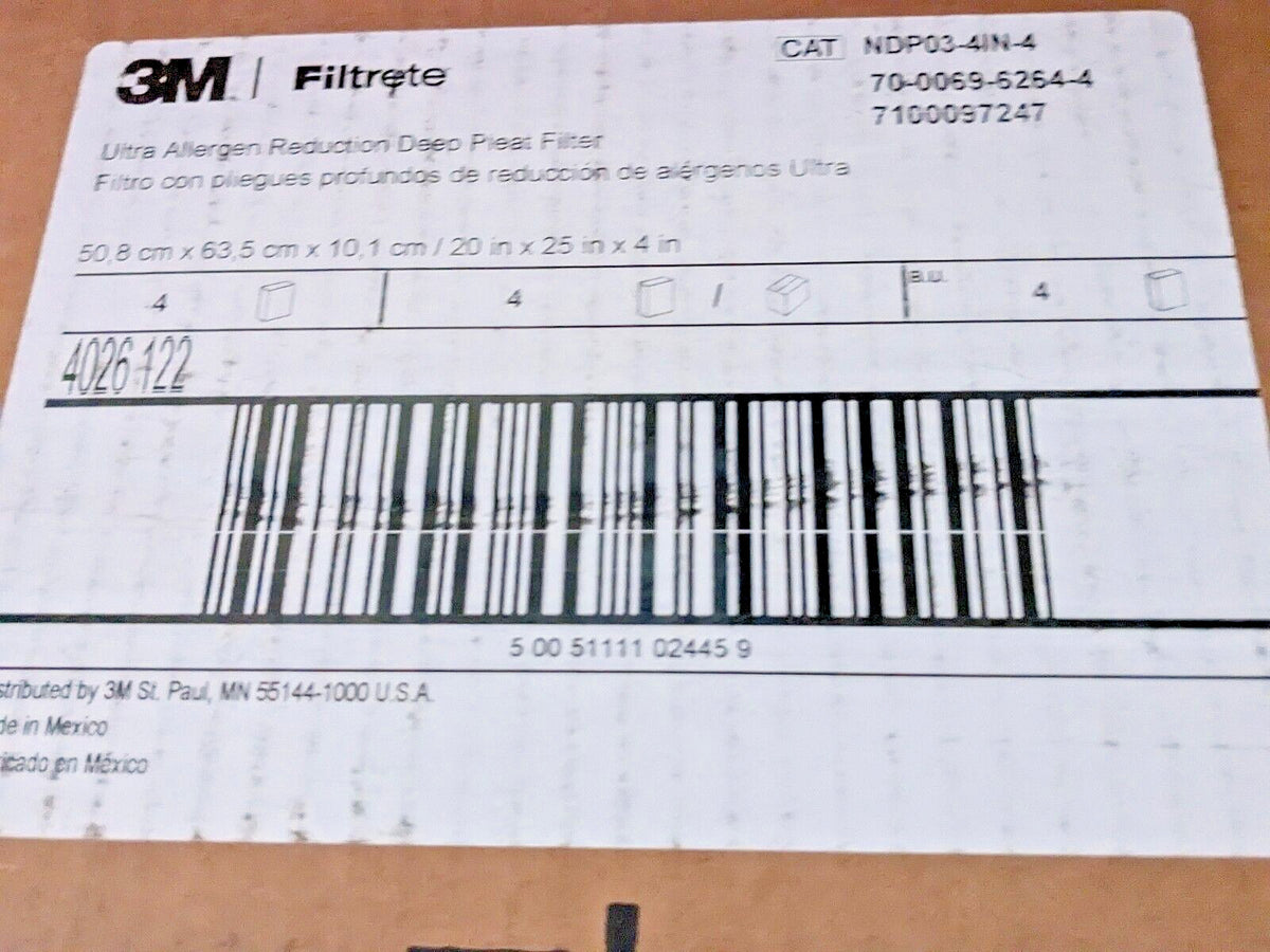 4 PACK 3M Ultra Allergen Reduction Filters 20" X 25" X 4" NDP03-4IN-4 7100097247