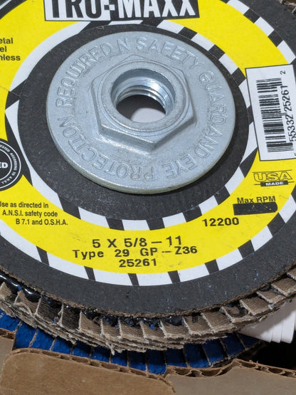 Tru-Maxx Flap Discs 5" 36 Grit 5/8-11 Center Hole Type 29 Box of 10 25261