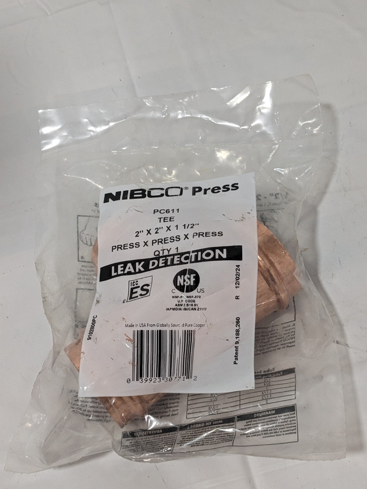 NIBCO Wrot Copper Pipe Tee: 2" x 2" x 1-1/2" Fitting, P, Press Fitting 9102800PC