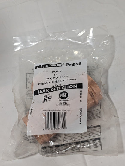 NIBCO Wrot Copper Pipe Tee: 2" x 2" x 1-1/2" Fitting, P, Press Fitting 9102800PC