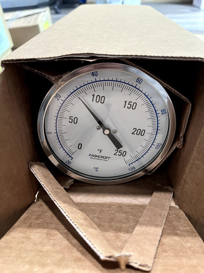 ASHCROFT Bimetal Dial Thermometer: 0 to 250 ° F, 5" Dial Dia, 9" Stem