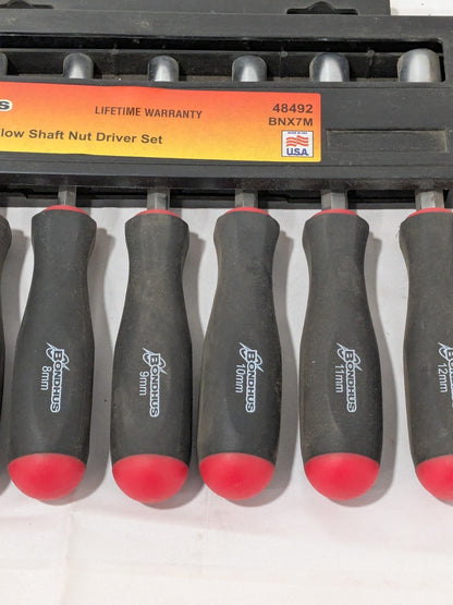 Bondhus Nut Driver Set: 7 Pc, 6 to 12 mm, Hollow Shaft, Ergonomic Handle 48492