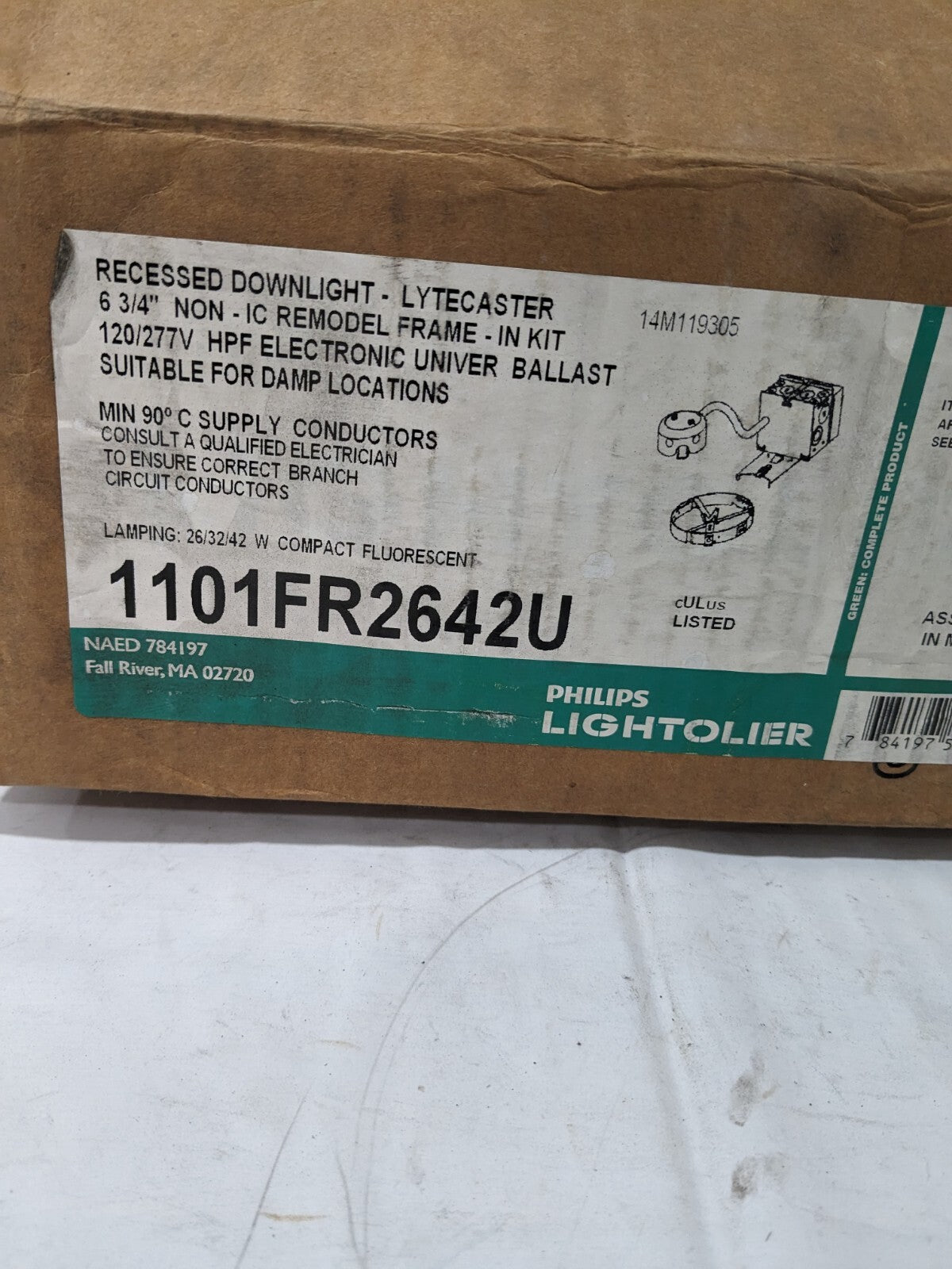 LIGHTOLIER Non-IC Housing, Frame-In Kit, Compact Fluorescent, 6-3/4" 1101FR2642U