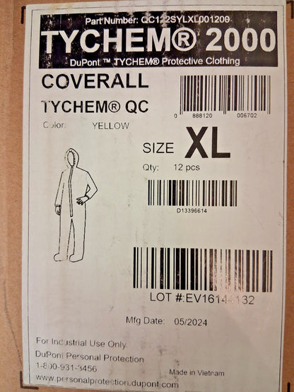 Dupont Tychem Disposable Coveralls Size XL 2.5oz QC122SYLXL001200