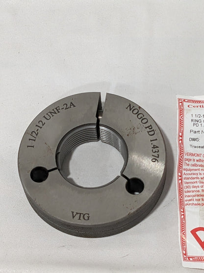 Vermont Gage Threaded Ring Gage: 1-1/2-12 Thread, UNF, Class 2A, No Go 361188030
