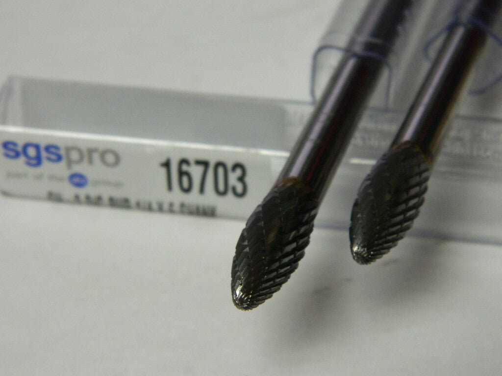 SGS SH-2L6, 5/16" Cut Diam, 1/4" Shank Diam, Carbide Double Cut Flame Burr QTY 2