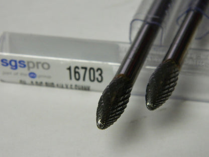 SGS SH-2L6, 5/16" Cut Diam, 1/4" Shank Diam, Carbide Double Cut Flame Burr QTY 2