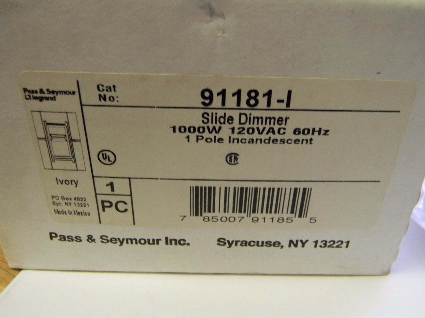 Pass &amp; Seymour Wall Dimmer Ivory Slide On-Off 1000W 120VAC #91181-I