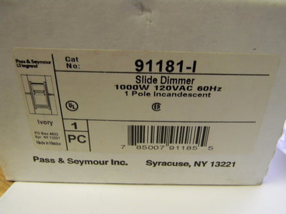 Pass &amp; Seymour Wall Dimmer Ivory Slide On-Off 1000W 120VAC #91181-I