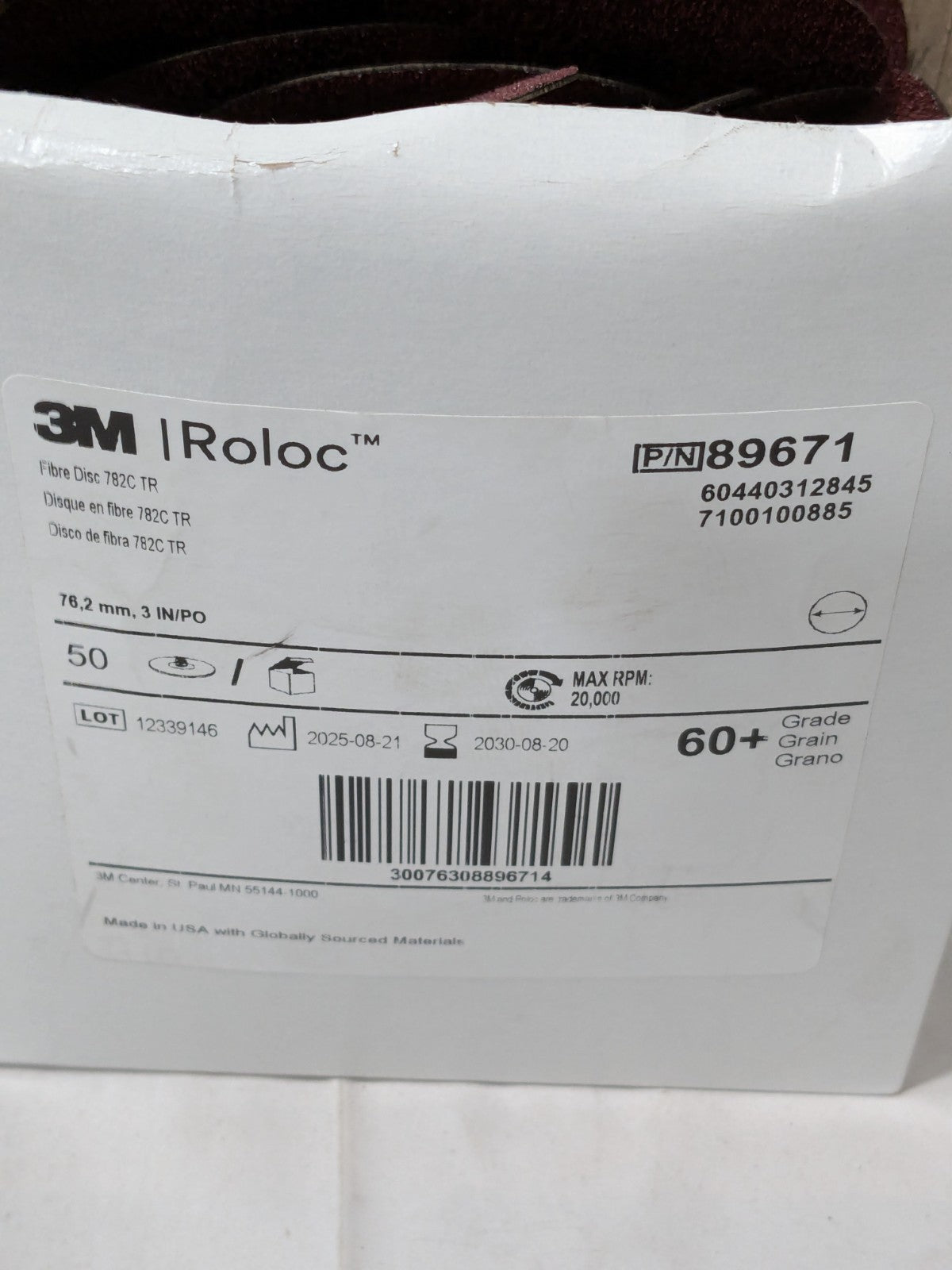 3M Fiber Disc 3" Disc Dia, Quick Change TR (Type III), 60G Box of 50 7100100885