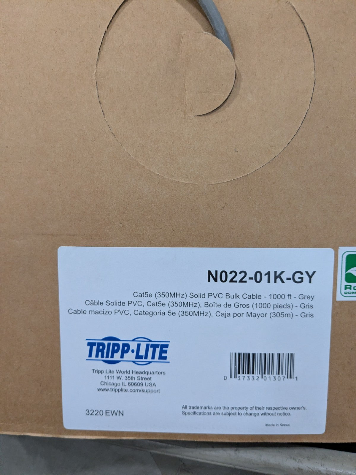 Tripp-Lite Ethernet Cable Cat5e, 24 AWG, 350 MHz, Unshielded 1,000ft N022-01K-GY