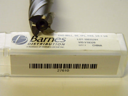 Barnes 5/8" x 5/8" HSS 4 flute Single Right Hand End Mill 27610