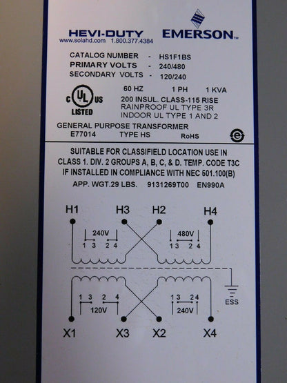 Sola/Hevi Duty General Purpose Transformer, 240/480 Volt In, 120/240 Volt Out