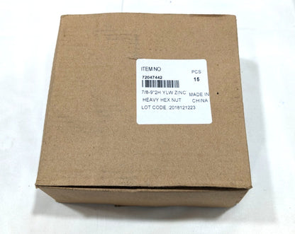 Heavy Hex Nut 7/8-9  A194 2H Steel  Yellow Zinc Finish *Box of 15 Nuts*  7204744