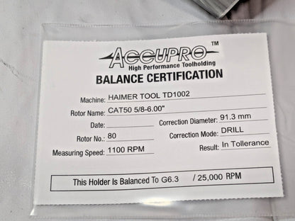 Accupro End Mill Holder CAT50 Taper Shank 5/8" HD X 6" Projection 775120