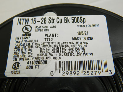 SOUTHWIRE 16 AWG, 26 Strand, Black Machine Tool Wire 500 Ft. Long 411020508