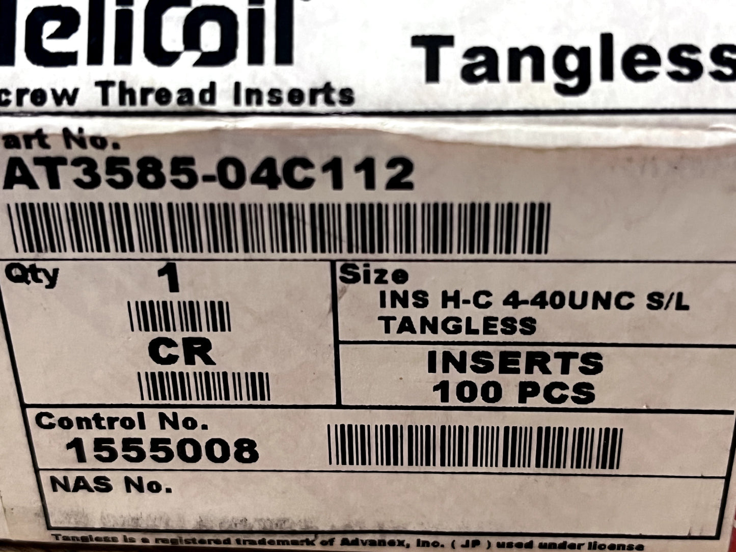HELI-COIL Screw-Locking Insert: Stainless Steel, #4-40 UNC, 1D qty 100
