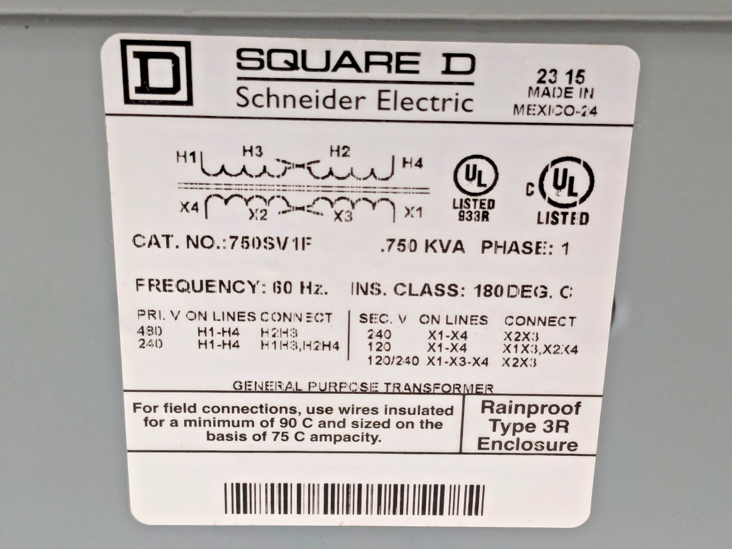Square D General Purpose Transformer 1 Phase 120/240V 750SV1F