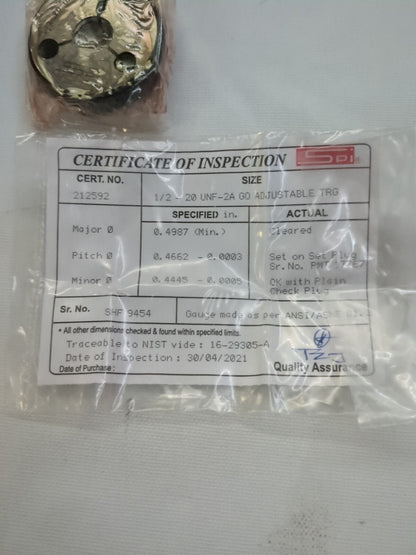 SPI Threaded Ring Gage: 1/2-20 Thread, Class 2A, Go 23-177-9