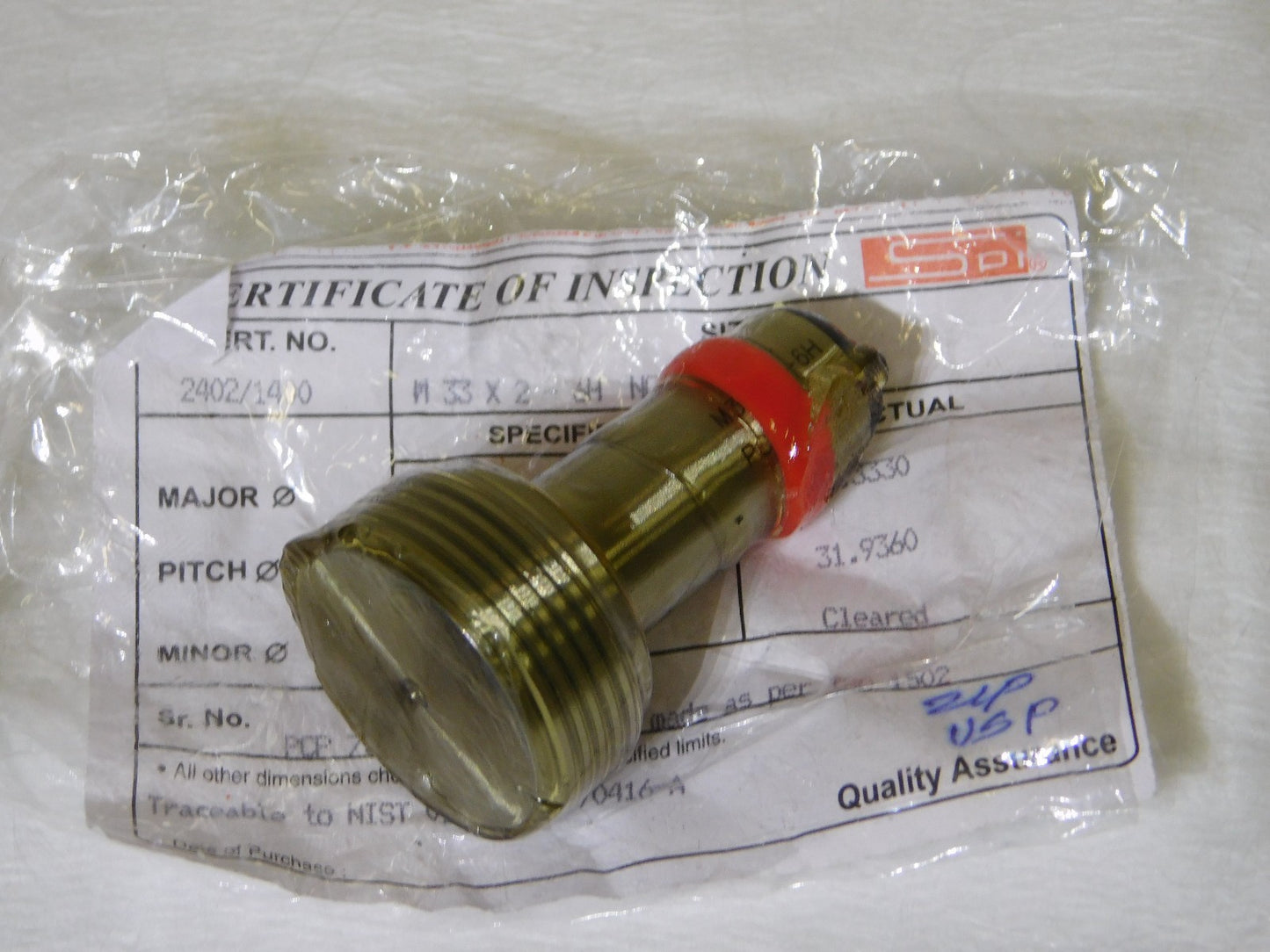 SPI Metric Taperlock Thread Plug Gage Single End M33x2 Thread No Go 34-605-6