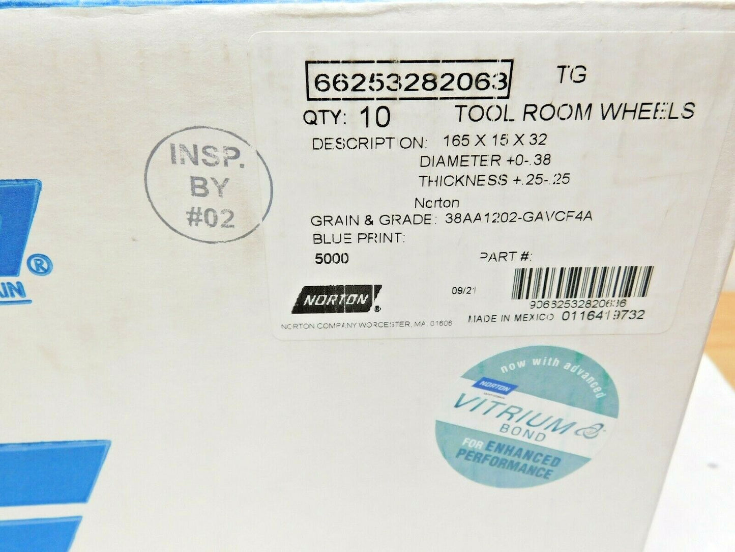 BOX of 10 Norton Surface Grinding Wheels 165mm x 32mm x 15mm 120G 66253282063