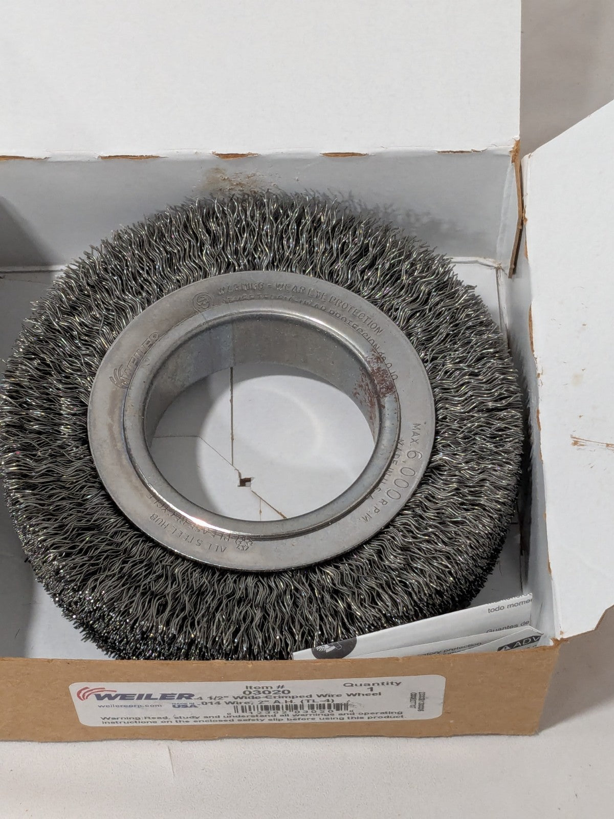 Weiler Wheel Brush: 4-1/2" Wheel Dia, 1-1/4" Face Width, 0.0140" Wire Dia 03020