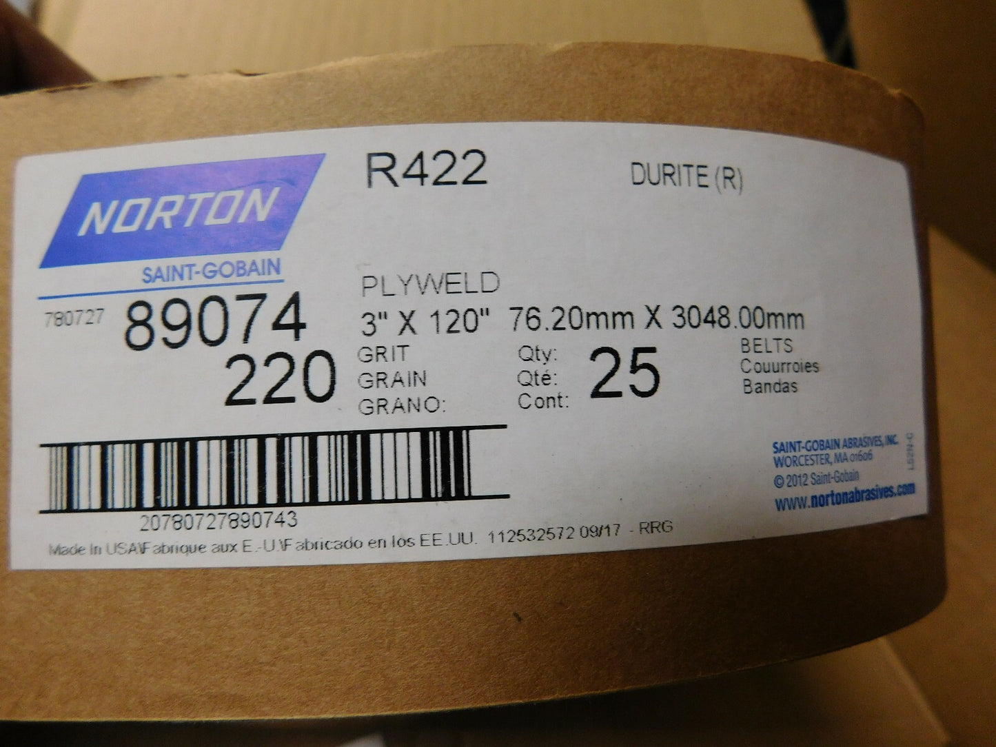 Norton Abrasive Belts R422 3X120 220G  QTY 25 78072789074