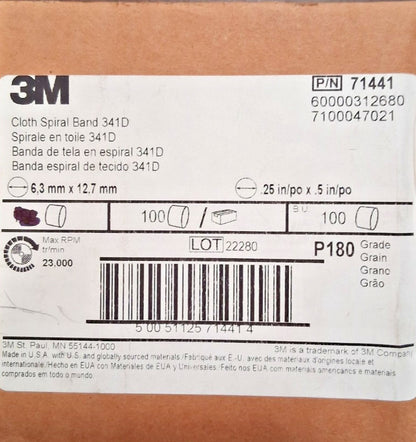 3M Aluminum Oxide Spiral Bands 341D P1801/4" x 1/2" QTY80 71441
