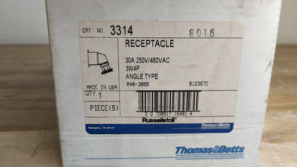 Russellstoll T &amp; B 3314 Receptacle w/ Junction Box &amp; Cap 30A 3W4P 480VAC