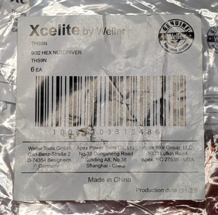 XCELITE Nut Driver 9/32" Drive Hollow Shaft 7-1/4" OAL THS9N **6 PACK**