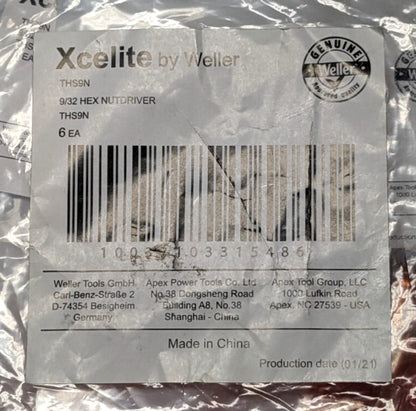 XCELITE Nut Driver 9/32" Drive Hollow Shaft 7-1/4" OAL THS9N **6 PACK**