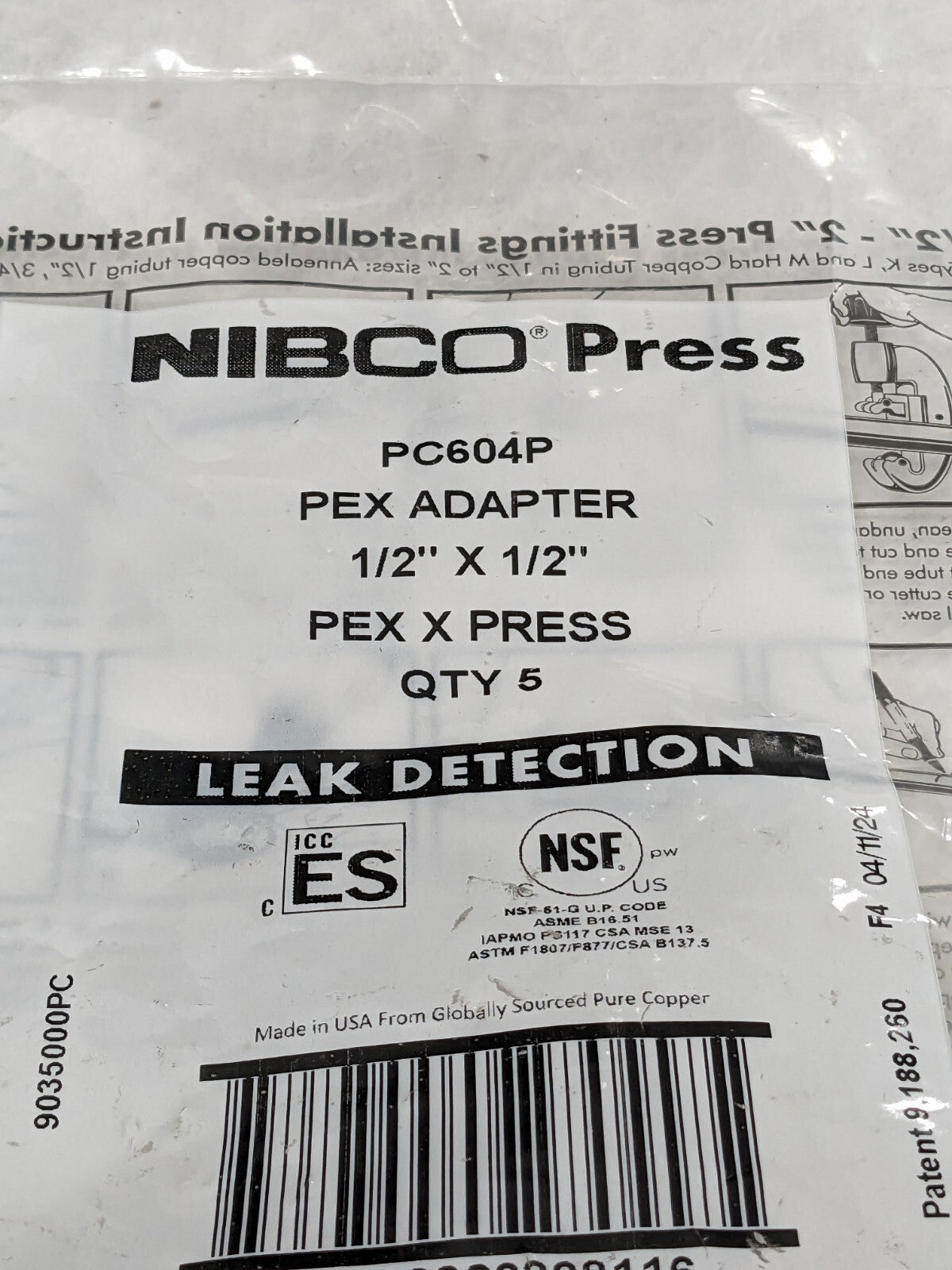 Nibco 1/2" PEX x 1/2" Press Copper Fittings Qty 5 PC604P