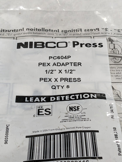 Nibco 1/2" PEX x 1/2" Press Copper Fittings Qty 5 PC604P